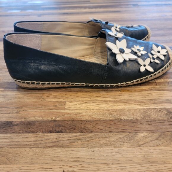 Michael Kors Lola Leather Floral Slip On Espadrille Flats, Black/White & Jute - Picture 6 of 14